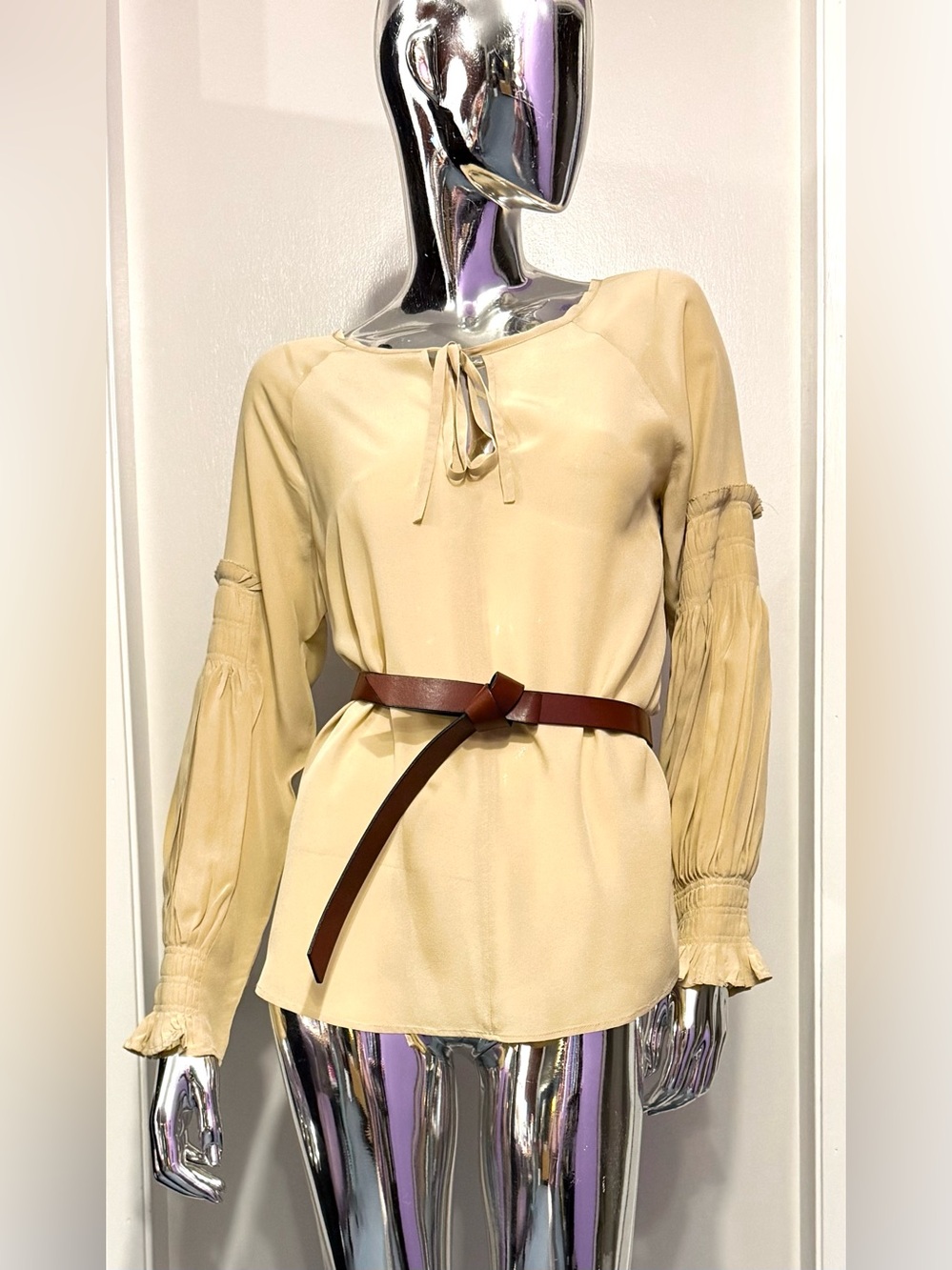 Sea New York Tan Long-Sleeve BOHO arm Tie-Neck Blouse - pleated arm detail